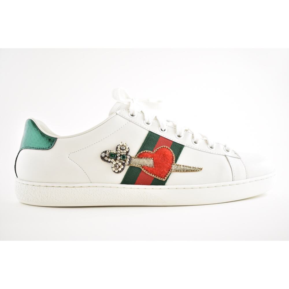 Gucci New Ace White Leather Red Heart Dagger Sword GG Flat Trainer Sneaker 41.5 - Picture 2 of 12